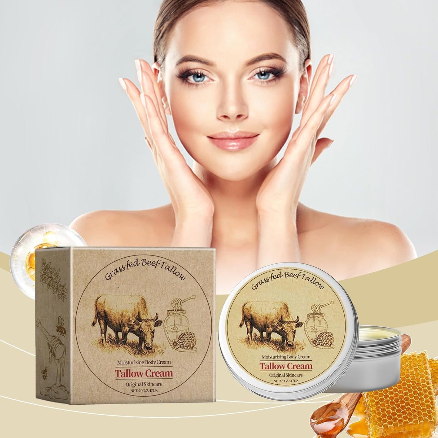 Beef Tallow Skincare, Beef Tallow Honey Balm, Natürlich Bodylotion Cream, Grass Fed Tallow Raw Wild Honey Zur Gesicht Und Körper Gepeitschte Feuchtigkeit