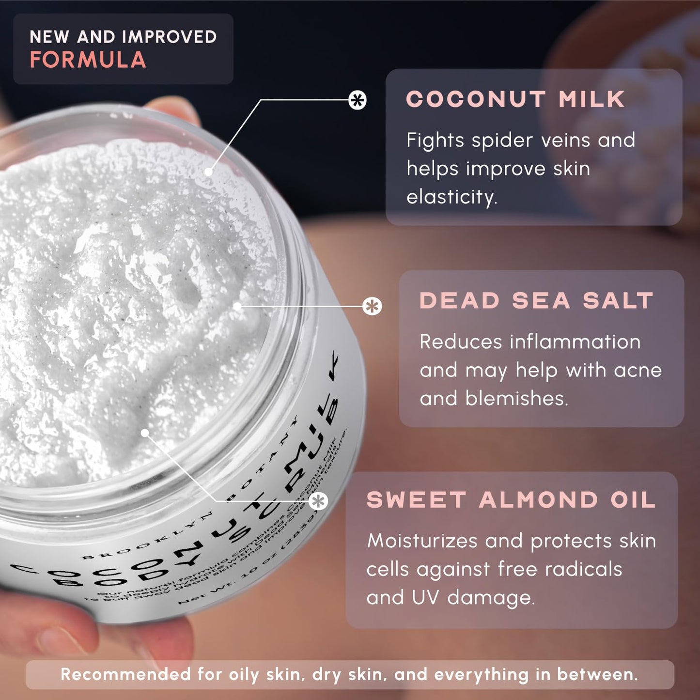 Coconut Milk Body Scrub 10 Oz - Made with Dead Sea Salt and Essential Oils - anti Cellulite, Stretch Marks, and Varicose Veins -